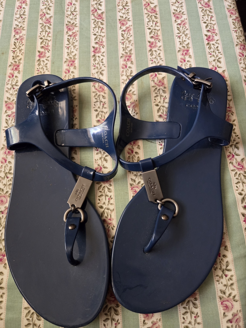 Coach Navy Jelly T-Strap Sandals with Silver Hardware